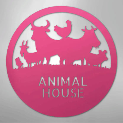 Pink powder-coated steel "Animal House" monogram with farm animal silhouettes in a circular design.