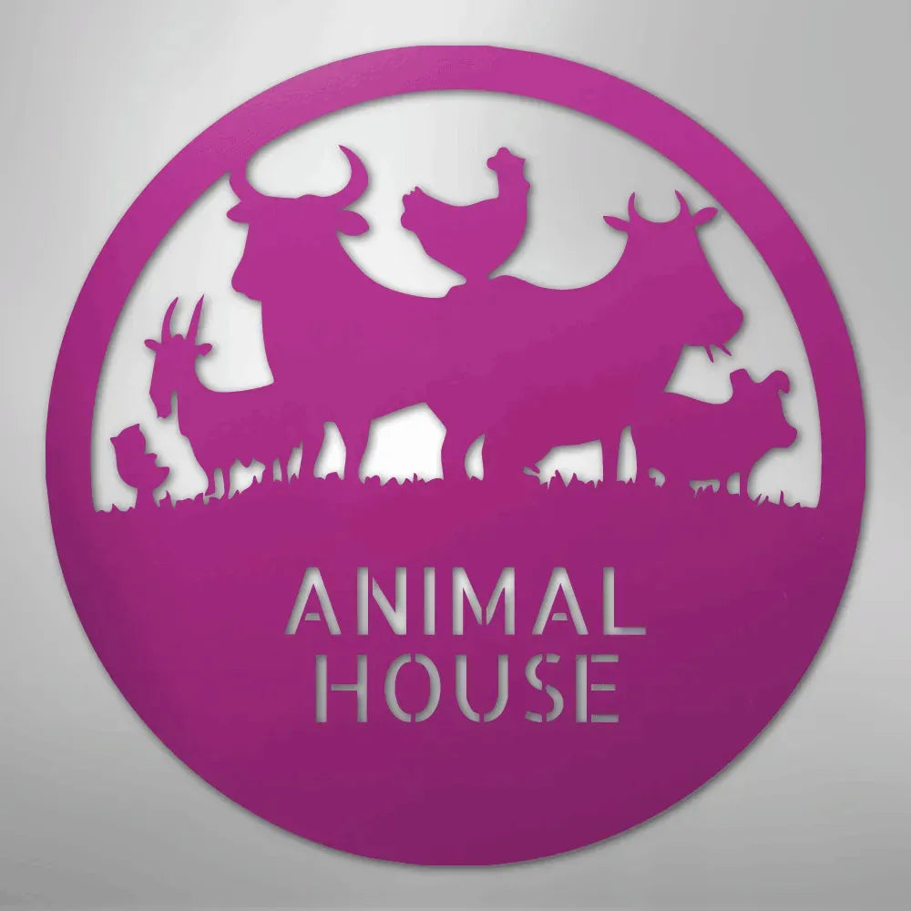 Pink metal "Animal House" monogram with farm animal silhouettes: cow, goat, chicken, and pig.