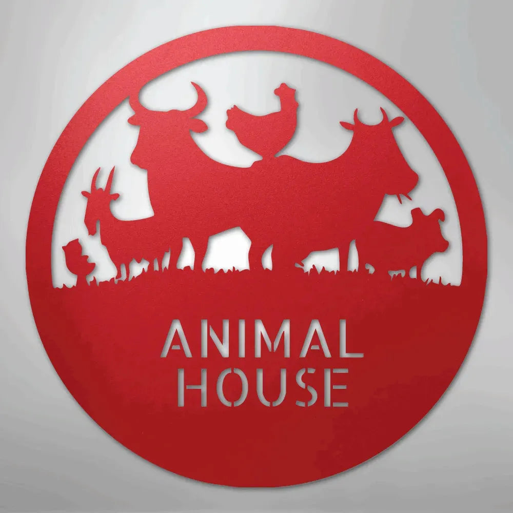 Red metal "Animal House" monogram with farm animals: cow, chicken, goat, pig.