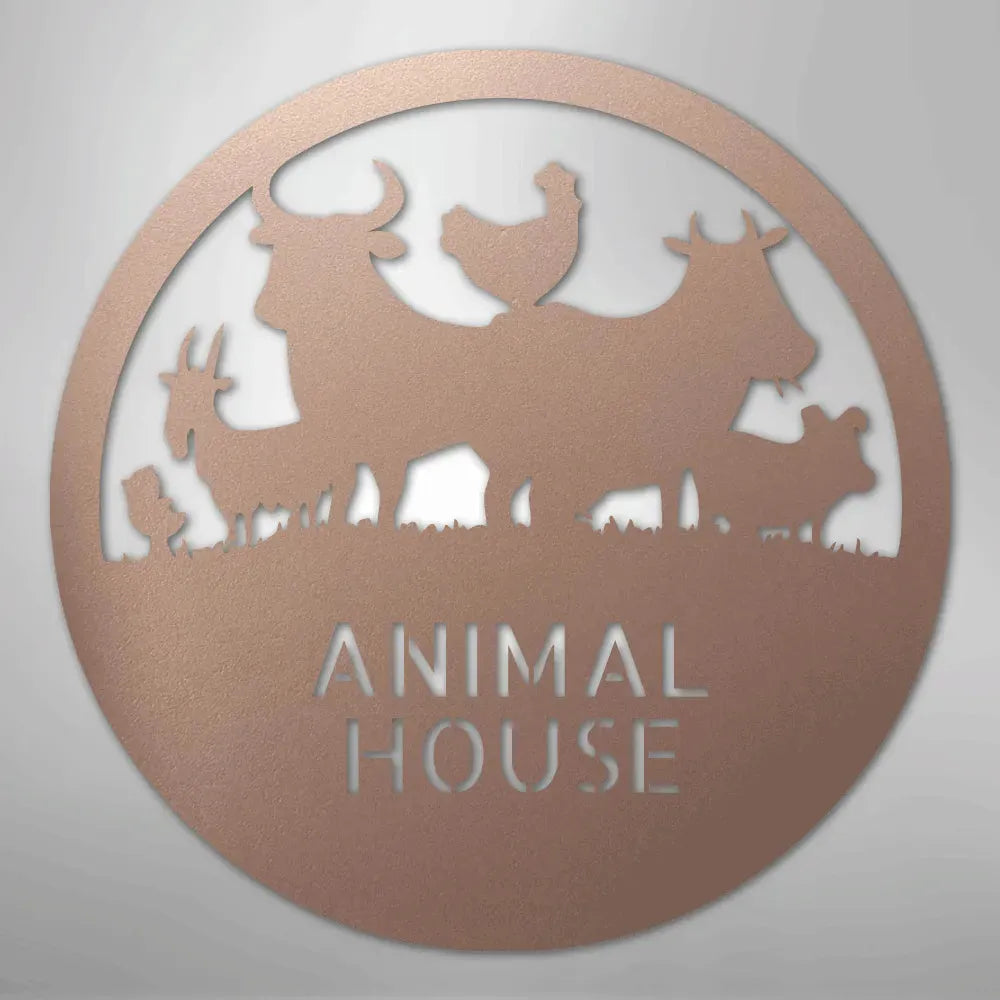 Copper powder-coated metal "Animal House" monogram with farm animal silhouettes: cow, chicken, goat, pig.