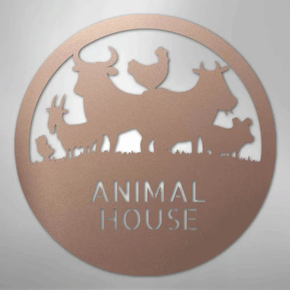 Copper powder-coated metal "Animal House" monogram with farm animal silhouettes: cow, chicken, goat, pig.