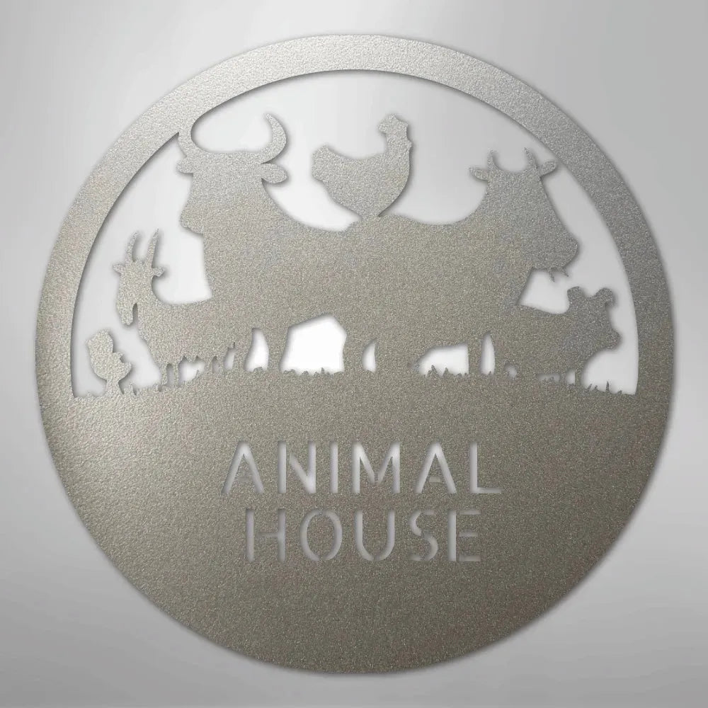 Silver powder-coated steel "Animal House" monogram with farm animals: cow, chicken, goat, and calf.