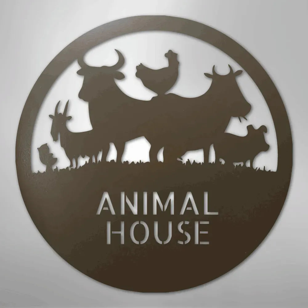 Round brown metal "Animal House" monogram with cow, chicken, goat, and pig silhouettes.