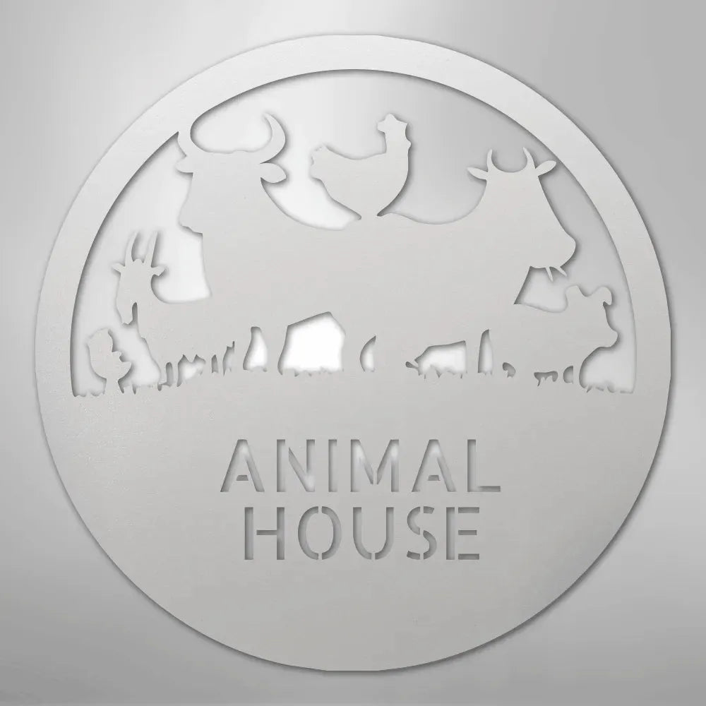 Silver metal "Animal House" monogram with farm animal silhouettes: cow, chicken, goat, pig.