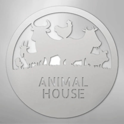 Silver metal "Animal House" monogram with farm animal silhouettes: cow, chicken, goat, pig.