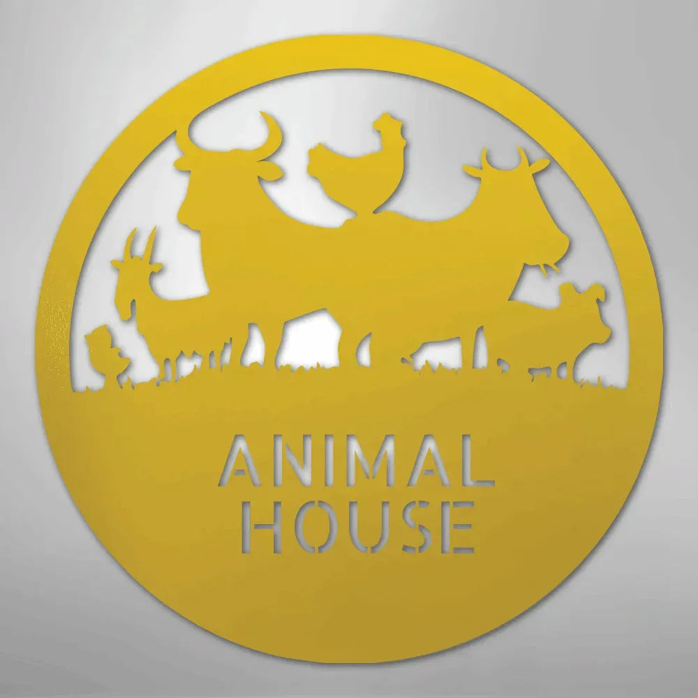 Yellow metal "Animal House" monogram with farm animals: cow, chicken, goat, and pig silhouettes.