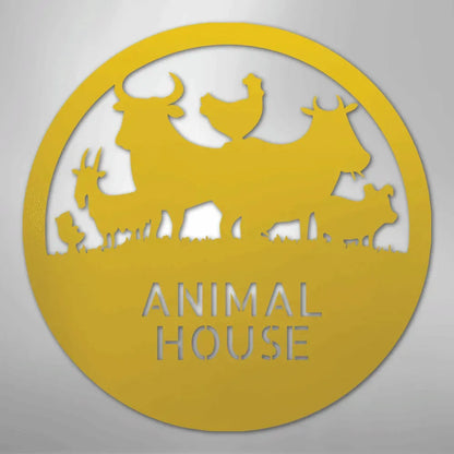Yellow metal "Animal House" monogram with farm animals: cow, chicken, goat, and pig silhouettes.