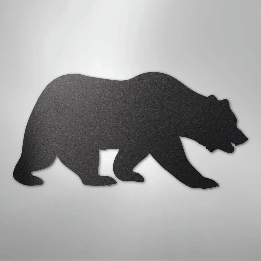 Black metal grizzly bear silhouette wall art with textured finish.