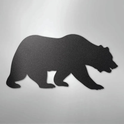 Black metal grizzly bear silhouette wall art with textured finish.