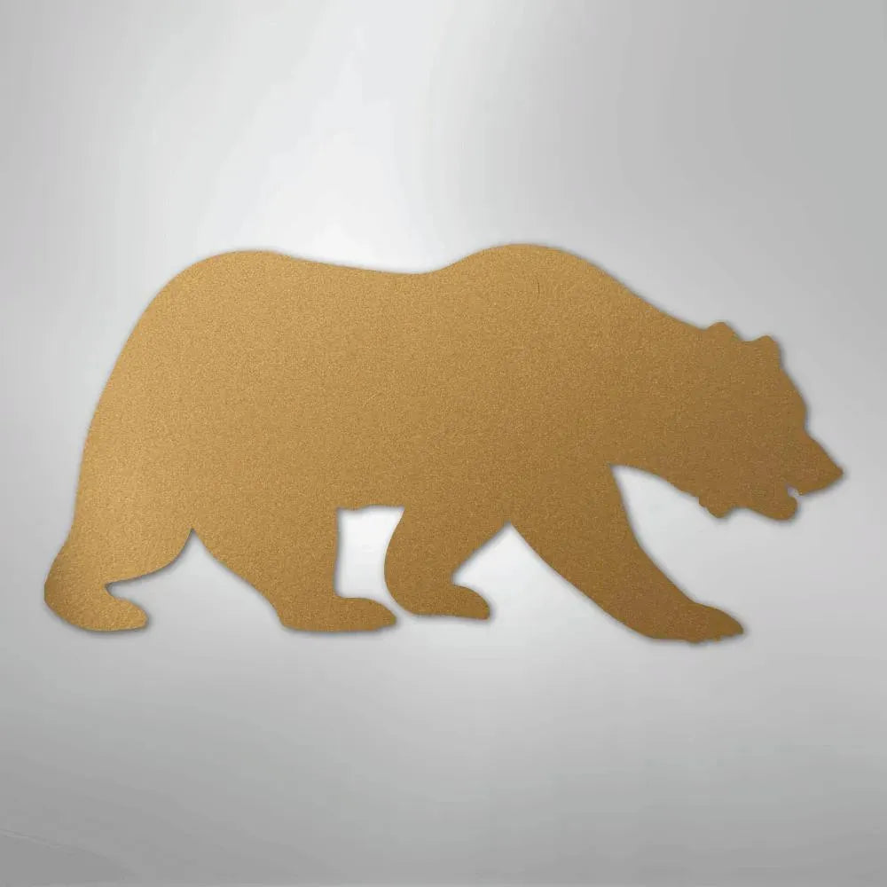 Gold metal grizzly bear wall art silhouette, powder-coated steel, American country style decor.