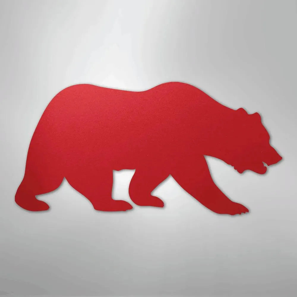 Red metal grizzly bear silhouette wall art, American country style.