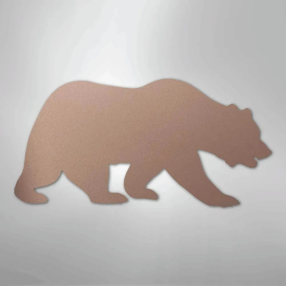 Rose gold metallic grizzly bear silhouette metal wall art.