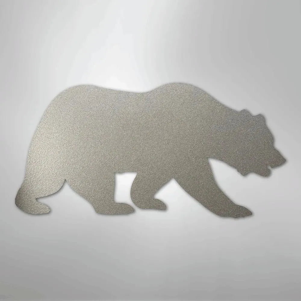 Silver metallic grizzly bear silhouette metal wall art, textured finish, walking pose.