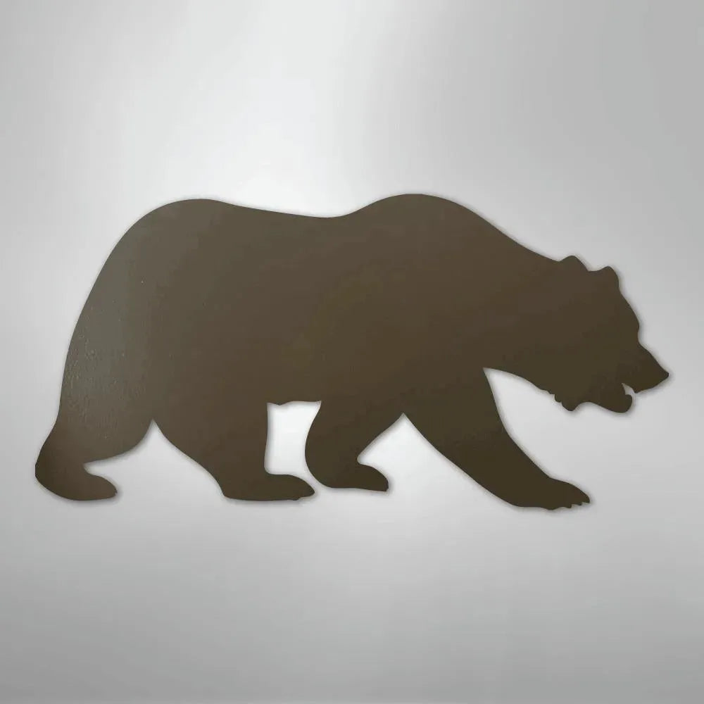 Dark brown metal grizzly bear wall art silhouette, powder-coated steel, rustic country decor.
