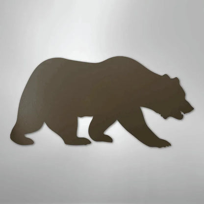 Dark brown metal grizzly bear wall art silhouette, powder-coated steel, rustic country decor.