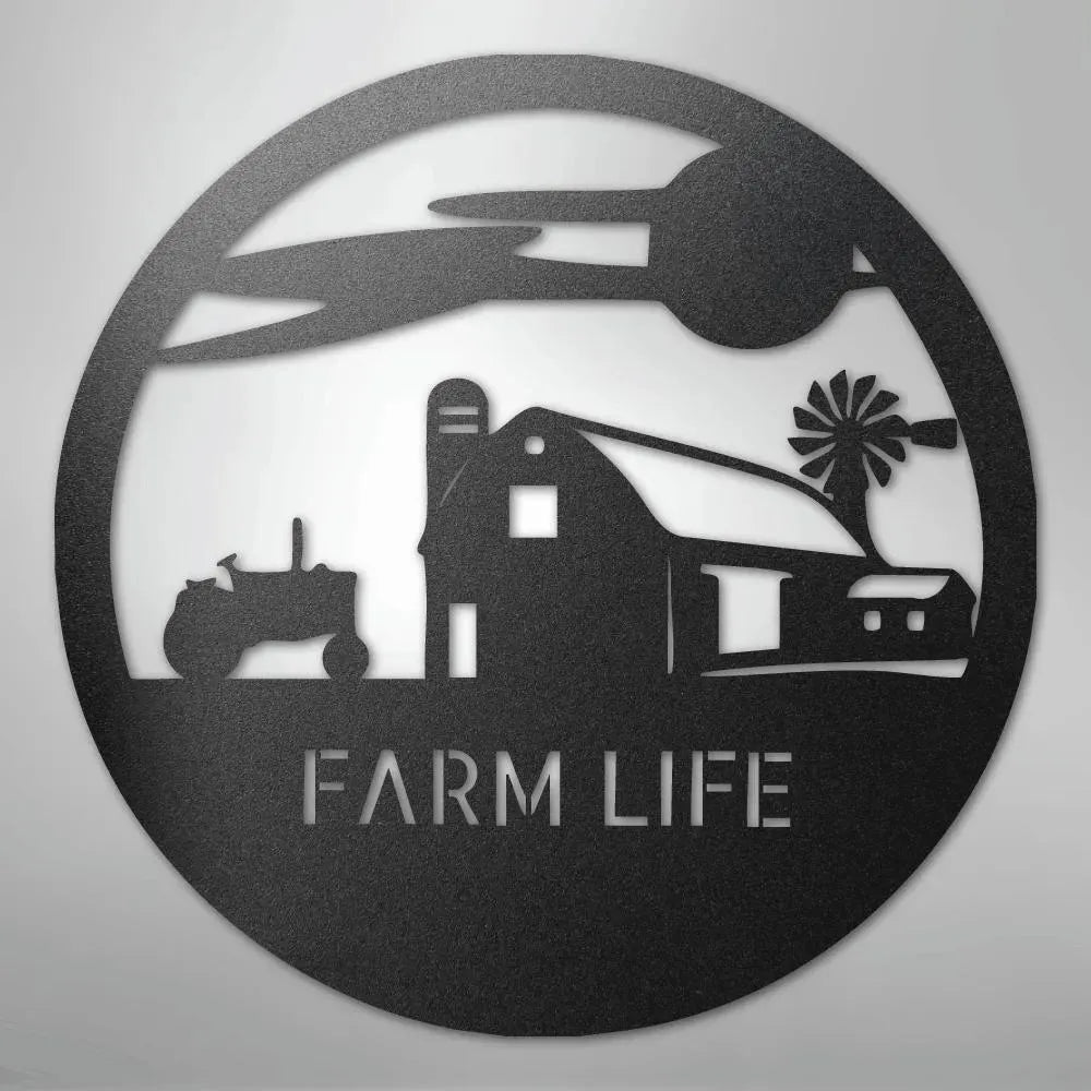 Black metal wall art with a farm scene: barn, silo, tractor, windmill, and "FARM LIFE" text.