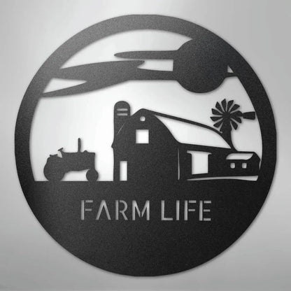 Black metal wall art with a farm scene: barn, silo, tractor, windmill, and "FARM LIFE" text.