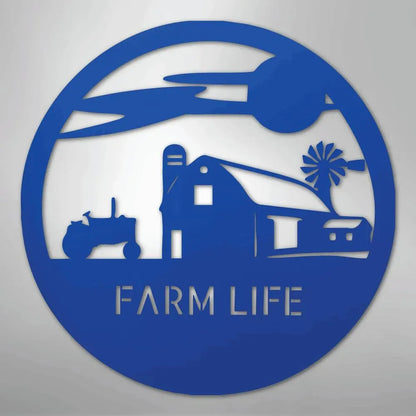 Blue metal wall art with a circular farm scene: barn, tractor, windmill, and "FARM LIFE" text.