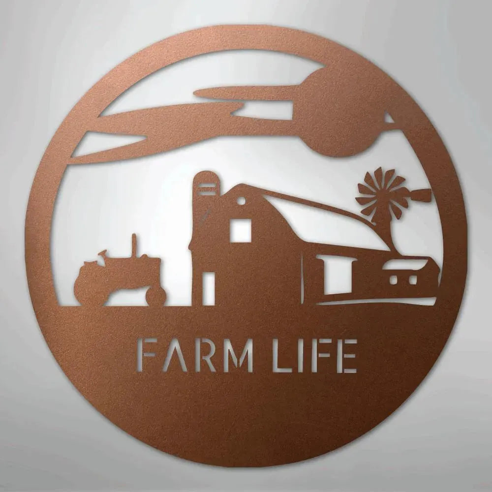 Copper metal wall art with a circular farm life scene: barn, silo, tractor, windmill, and "FARM LIFE" text.