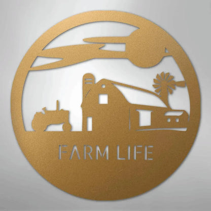 Copper metal wall art with a circular farm scene: barn, tractor, windmill, and "FARM LIFE" text.