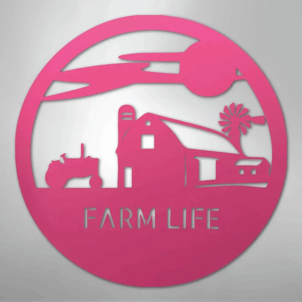 Pink metal wall art with a circular farm life scene: barn, tractor, windmill, and "FARM LIFE" text.