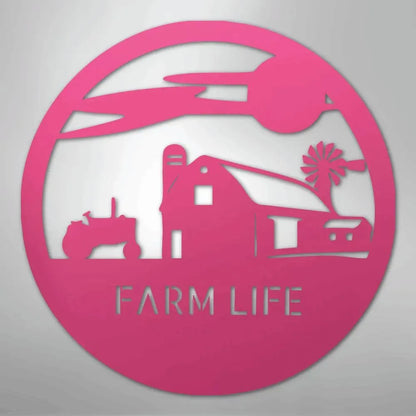 Pink metal wall art with a circular farm life scene: barn, tractor, windmill, and "FARM LIFE" text.
