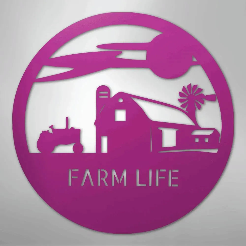 Pink metal "Farm Life" wall art with barn, tractor, and windmill in a circular design.