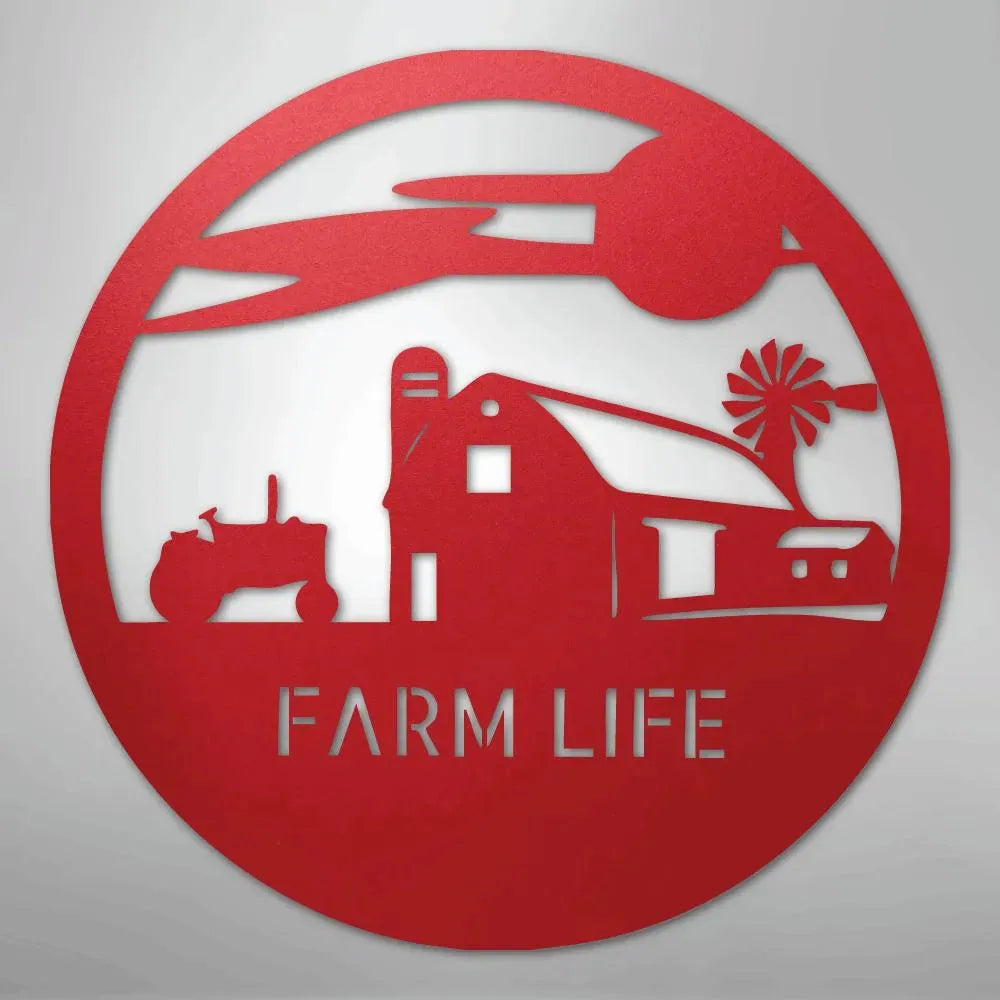 Red metal wall art with a circular farm life scene: barn, silo, tractor, windmill, and "FARM LIFE" text.