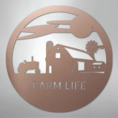Copper metal wall art with a circular farm life scene: barn, tractor, windmill, and "FARM LIFE" text.