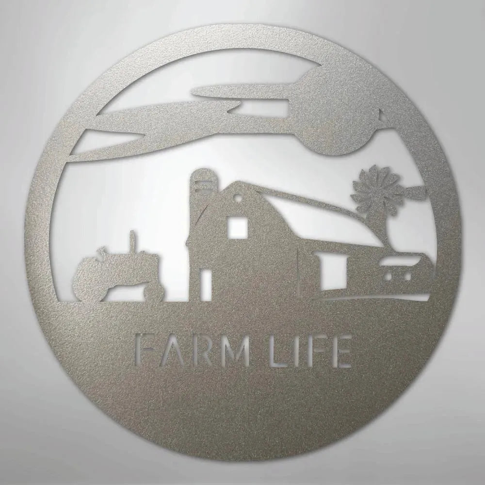 Round silver metal wall art featuring a barn, tractor, windmill, and "FARM LIFE" text.