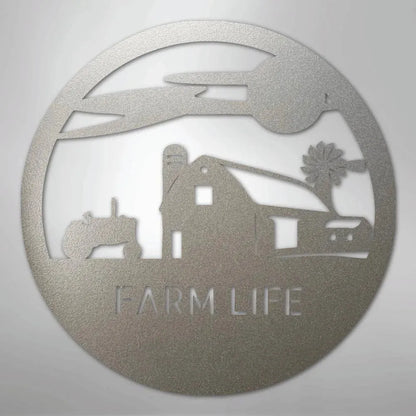 Round silver metal wall art featuring a barn, tractor, windmill, and "FARM LIFE" text.