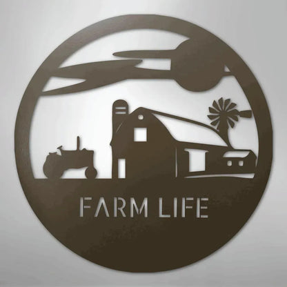 Rustic brown metal wall art with a farm scene: barn, tractor, windmill, and "FARM LIFE" text.