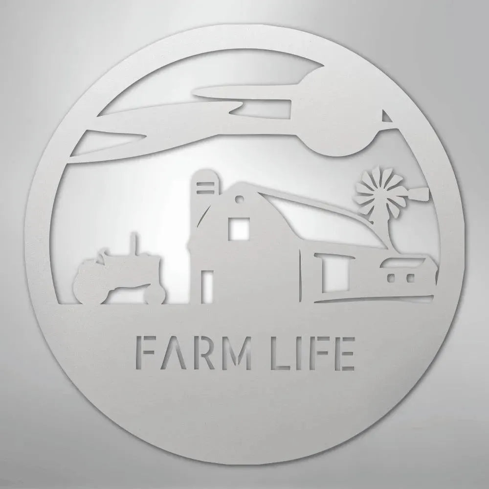 White metal wall art with a farm scene: tractor, barn, windmill, and "FARM LIFE" text.