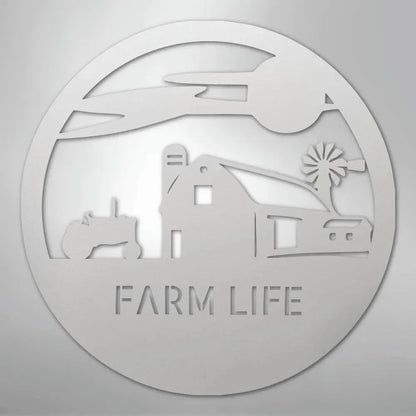 White metal wall art with a farm scene: tractor, barn, windmill, and "FARM LIFE" text.