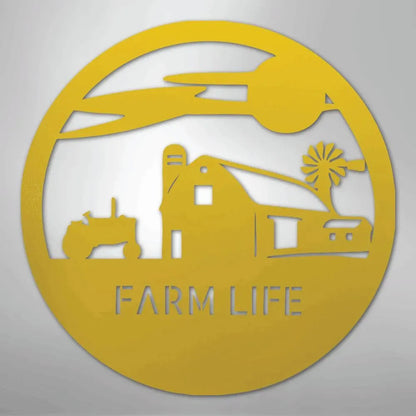 Yellow metal "Farm Life" wall art with barn, tractor, and windmill design.