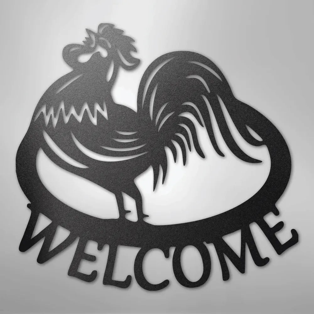 Black metal rooster wall art with "WELCOME" text, durable for indoor/outdoor decor.