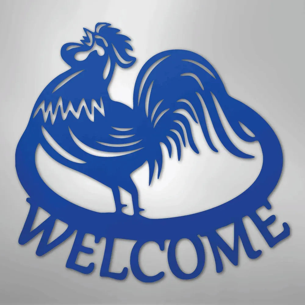 Blue metal rooster wall art with "WELCOME" text, durable for indoor/outdoor decor.