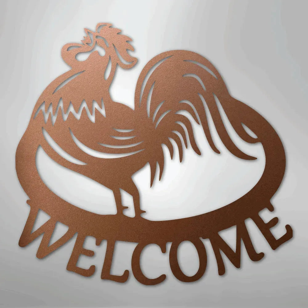 Copper metal rooster wall art with "WELCOME" cutout, durable for indoor/outdoor decor.