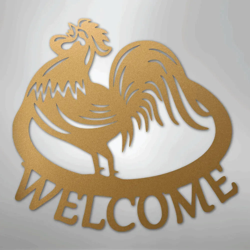 Gold metal rooster wall art with "WELCOME" text, durable for indoor/outdoor decor.