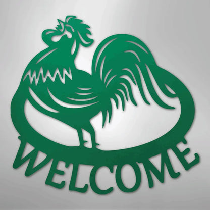 Green metal rooster wall art with "WELCOME" text, durable for indoor/outdoor decor.
