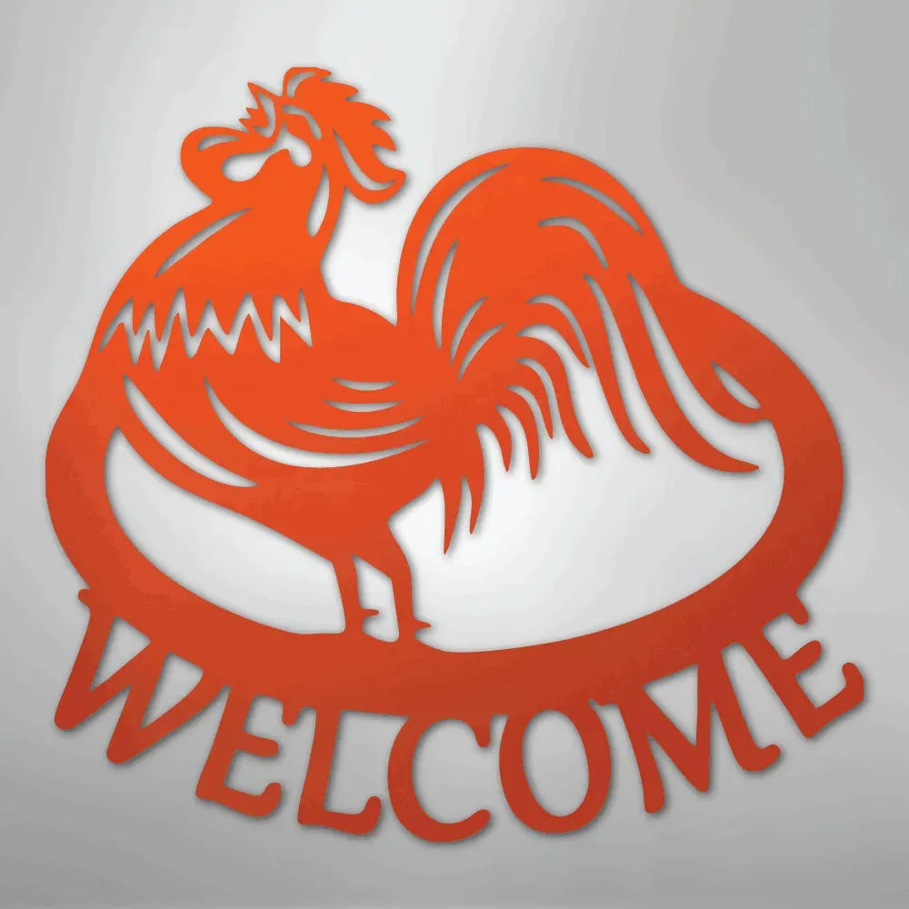 Orange metal rooster wall art with "WELCOME" text, powder-coated for indoor/outdoor display.