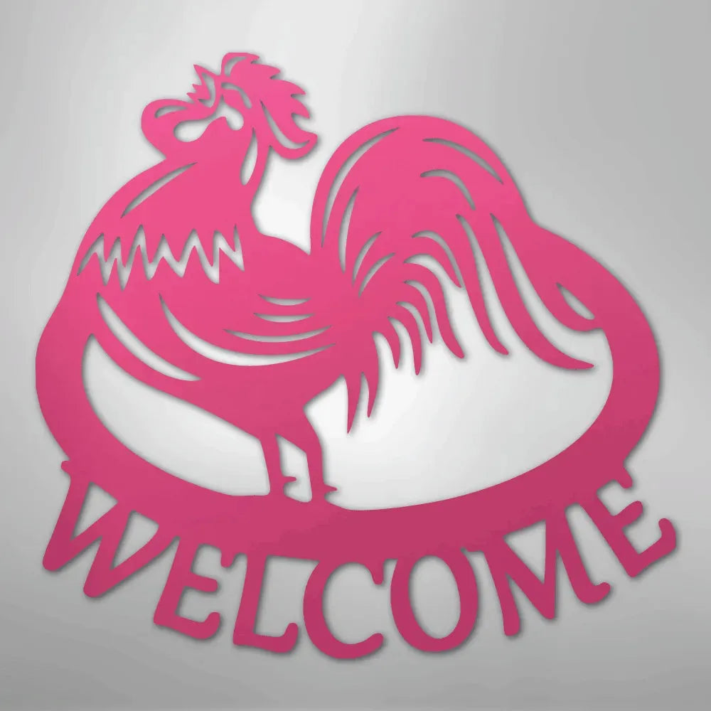 Pink metal rooster wall art with "WELCOME" text, durable for indoor/outdoor decor.