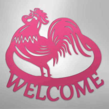 Pink metal rooster wall art with "WELCOME" text, durable for indoor/outdoor decor.