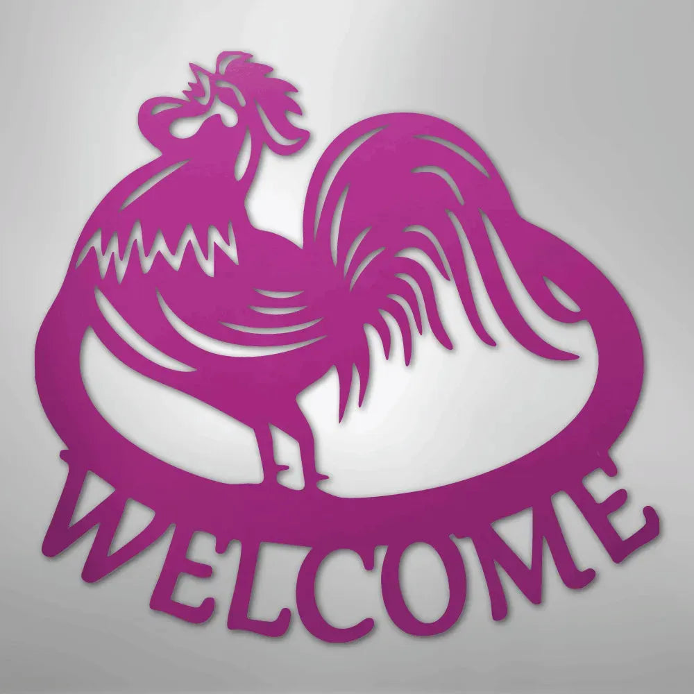 Pink metal rooster wall art with "WELCOME" text, durable for indoor/outdoor decor.