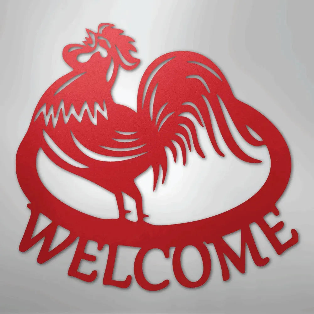Red metal rooster wall art with "WELCOME" text, powder-coated for indoor/outdoor display.