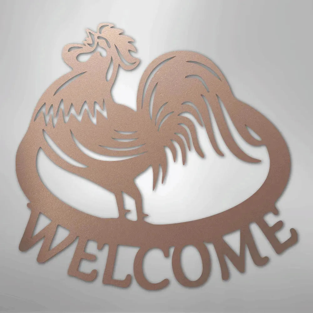 Copper metal rooster wall art with "WELCOME" text, durable for indoor/outdoor decor.