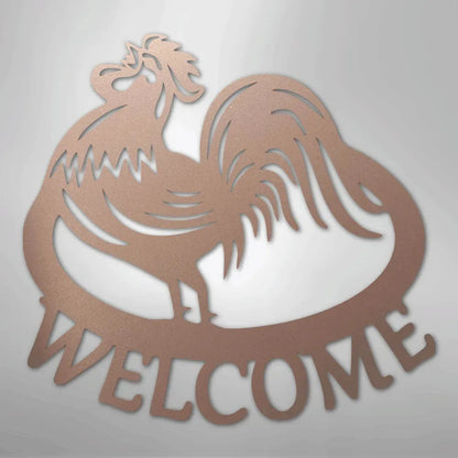 Copper metal rooster wall art with "WELCOME" text, durable for indoor/outdoor decor.