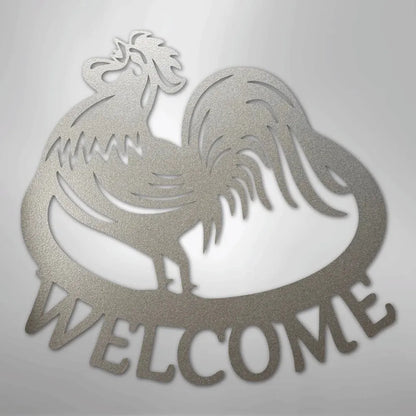 Silver metal rooster wall art with "WELCOME" text, durable for indoor/outdoor decor.