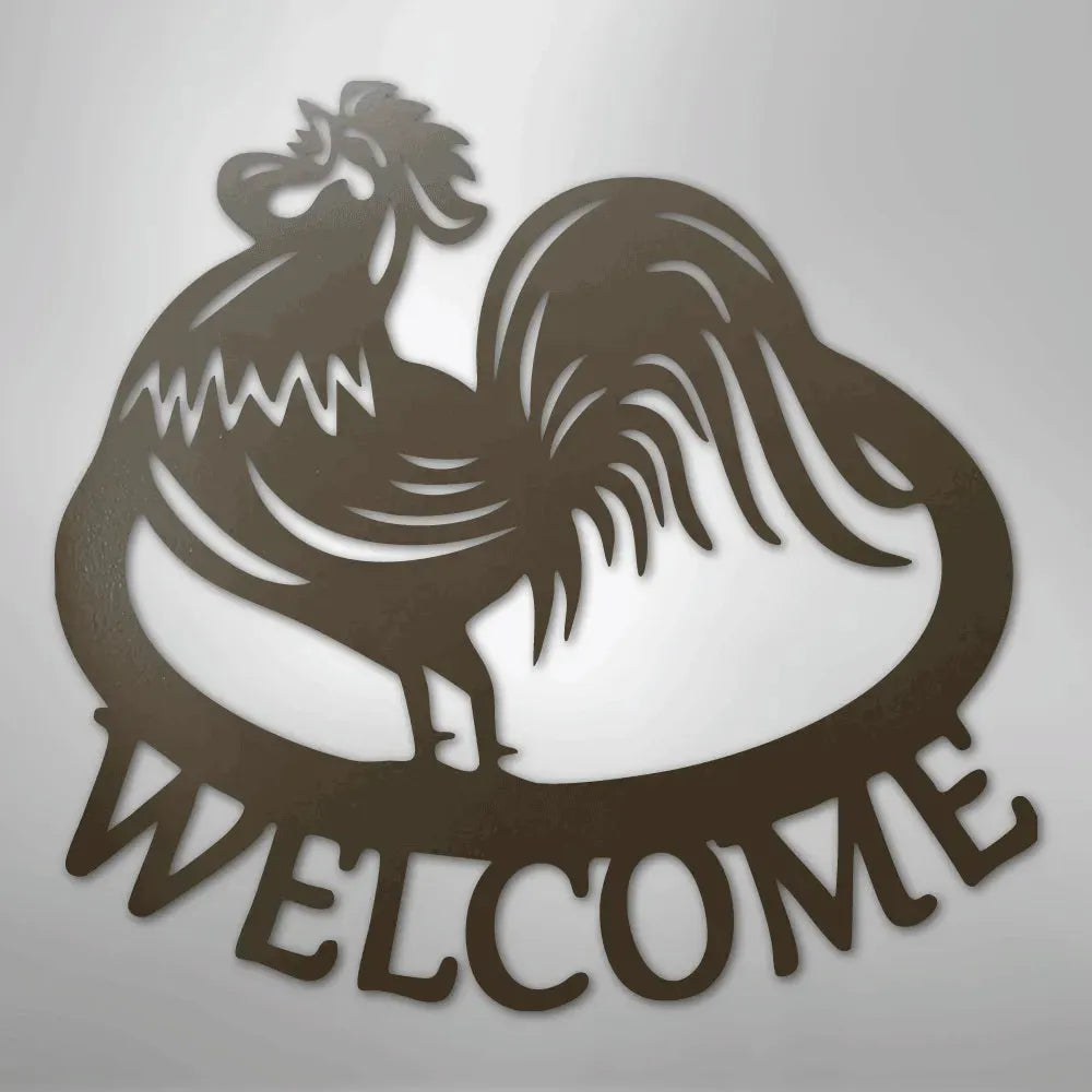Brown metal rooster wall art with "WELCOME" cut out below, perfect for indoor/outdoor decor.