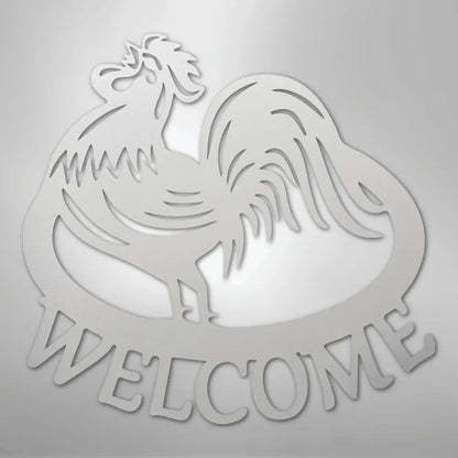 White metal rooster wall art with "WELCOME" text, durable for indoor/outdoor decor.